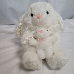 Goffa International White Bunny Rabbit Momma Holding Baby Plush Stuffed Animal